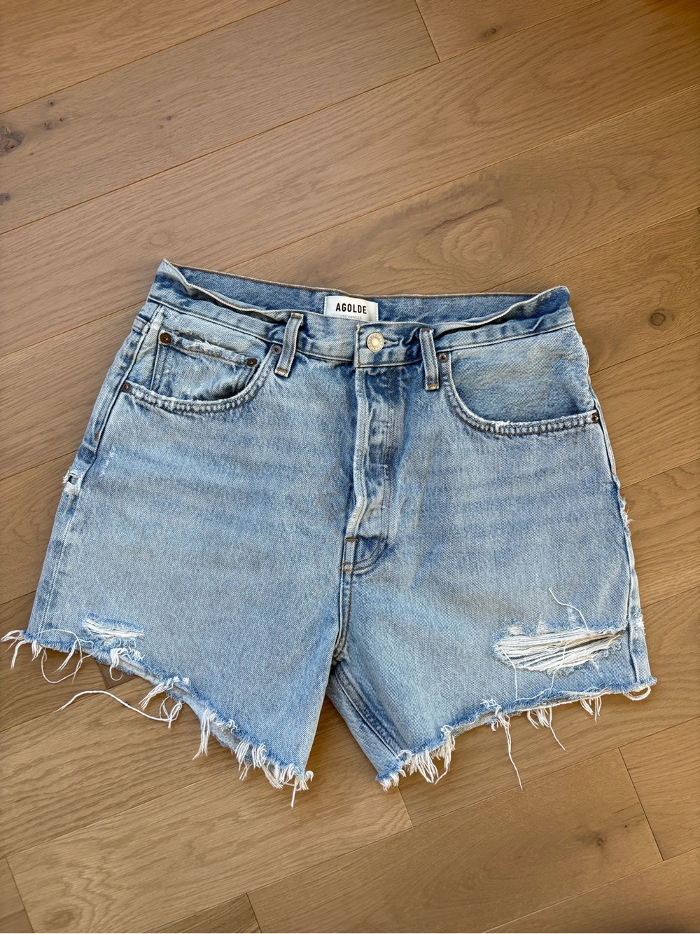 Agolde Light Wash Distressed High-Rise Denim Shorts